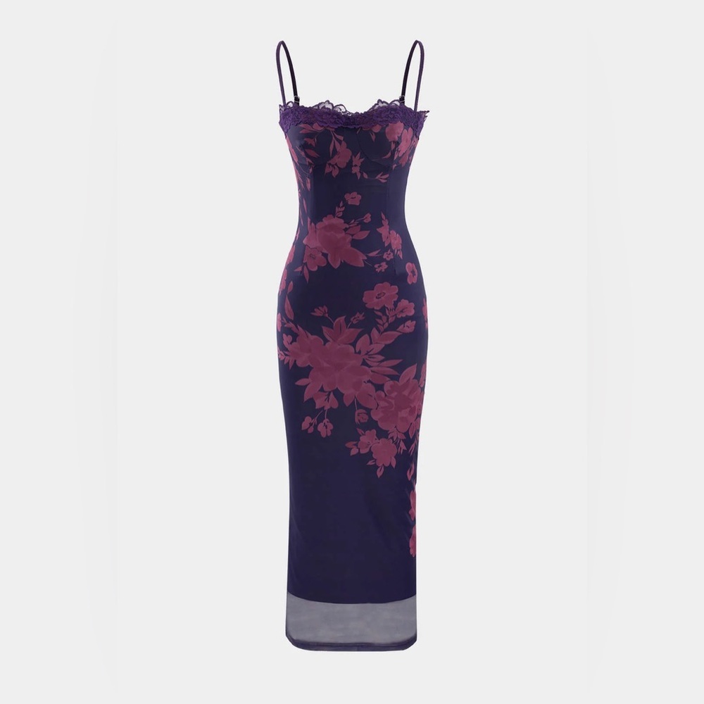 Viral Lace Tied Trim Floral Mesh Maxi Dress Size Medium